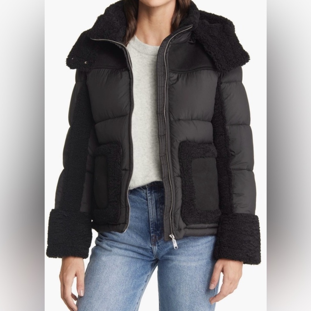 Sam Edelman Black Puffer Jacket with Faux Suede